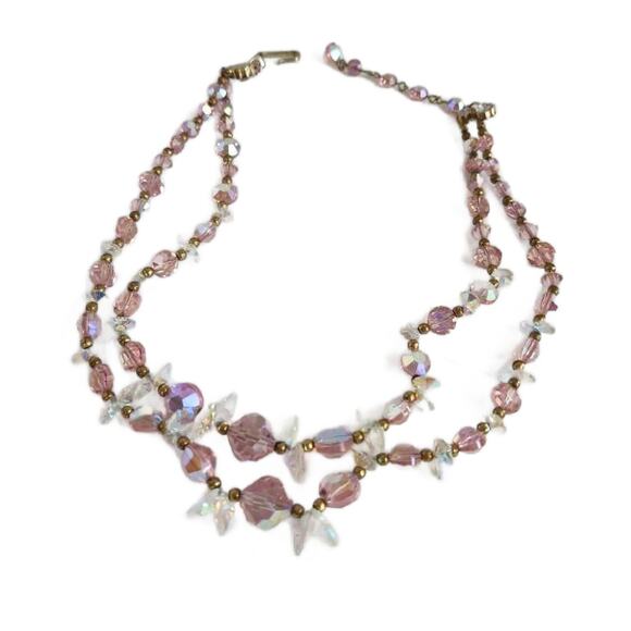 Vintage Pink Faceted Glass Beaded Necklace, Double Strand Aurora Borealis - Picture 1 of 10